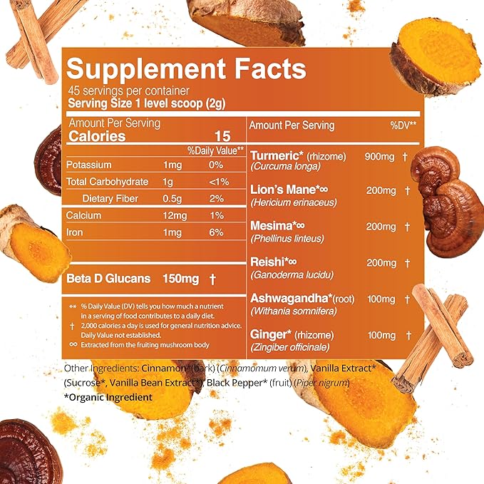 Turmeric Latte Powder - USDA Organic &gt5% Curcuminoid Turmeric Lions Mane Ashwagandha Ginger Cinnamon in a Resealable Glass Jar 45 Servings - Perfect for Making Golden Milk