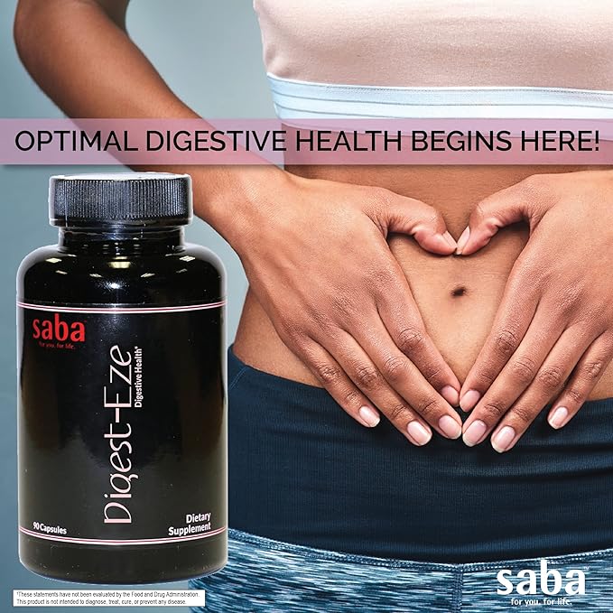 Saba Digestive-EZE Plus–Broad Spectrum Plant-Sourced Enzymes Prebiotics &amp Probiotics -Support Digestive &amp Gut Functions Immunity &amp Absorption with Betaine Bromelain -60 Capsules