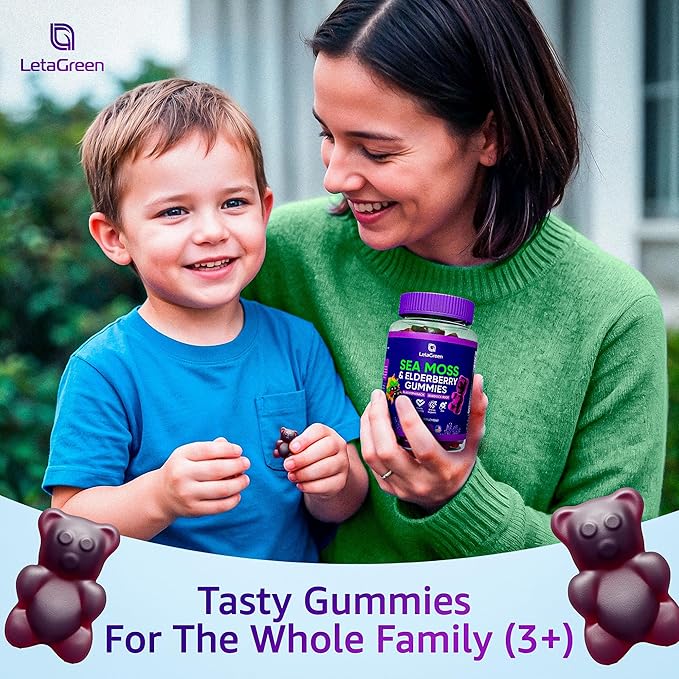 Irish Sea Moss Gummies – Bladderwrack Burdock Root Elderberry Vitamin C &amp Zinc – 60 Vegan Seamoss Gummy Bears for Adults Kids Men Women – Multimineral Elderberry Vitamins