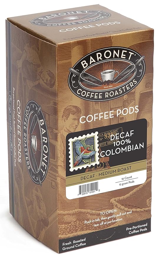 Baronet Coffee Decaf Colombian Coffee Pods Bag - Decaf Medium Roast - 3 Boxes of 16 Single Serve Pods - 48 Count 12 Grams - Individually Wrapped for Freshness - Rich Traditional Flavor