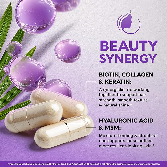 Biotin | Collagen | Hyaluronic Acid | Keratin - Support Normal Hair Growth Cycle Skin &amp Nails - Clinically Tested - 25000mcg Vitamins B1 B2 B3 B6 &amp B7 - for Women &amp Men - Made in USA