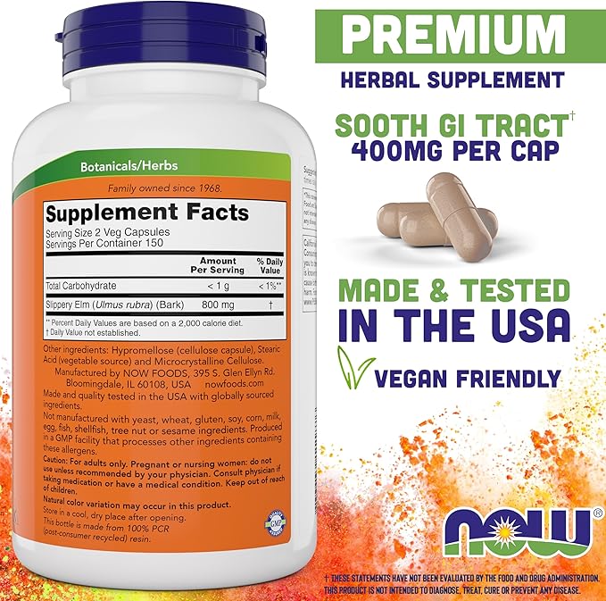 Now Slippery Elm 400 mg 300 Vegetarian Capsules (Pack of 2)
