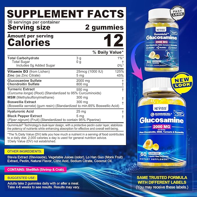 NEVISS Sugar Free Glucosamine Filled Gummies - Glucosamine Supplement Plus Chondroitin MSM Turmeric Boswellia Hyaluronic Acid Vitamin D3 &amp Zinc 120 Gummies 60 Servings