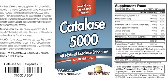 Rise-N-Shine Catalase Supplement 5000 with Saw Palmetto Biotin Fo-Ti PABA - Hair Supplements for Strong Hair - 180 Capsules (90-Day Supply)