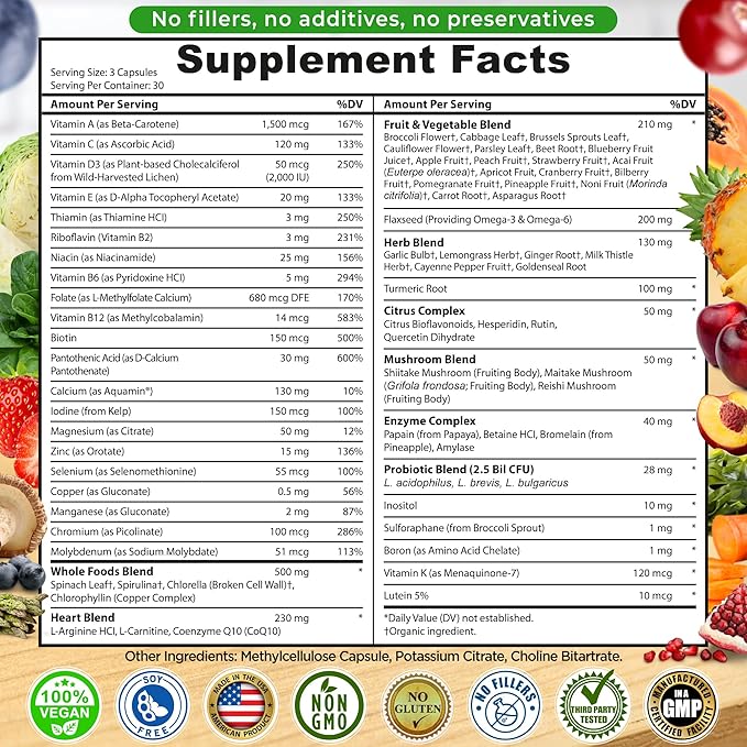 Vegan Whole Food Daily Multivitamin Without Iron Methylated Multivitamin for Women and Men Made with Fruits &amp Vegetables B-Complex Probiotics Enzymes CoQ10 Omegas Turmeric Non-GMO 90 Cou