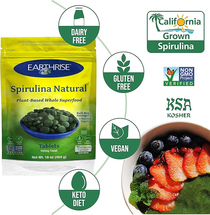 Earthrise Spirulina Pure Californian Spirulina 500 mg Vegan Gluten Free Keto Friendly Non -GMO Super Food high in Vitamins &amp Minerals. 1 LB Tablets (150 Serving)