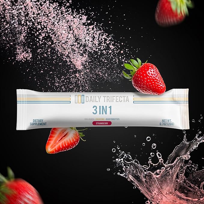 DAILY TRIFECTA 3-in-1 Collagen Creatine &amp Electrolyte Stick Packs | Type I Collagen Creatine Monohydrate Zero Sugar | 30 Natural Single-Serve Packets | Strength Hydration &amp Recovery (Straw