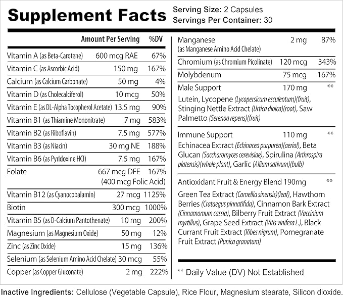 Men's Multivitamin Supplement for Energy Focus and Performance. Mens Vitamins A C D E &amp B12 Zinc Calcium Magnesium &amp More. Multi Vitamin 60 Capsules Made in The USA