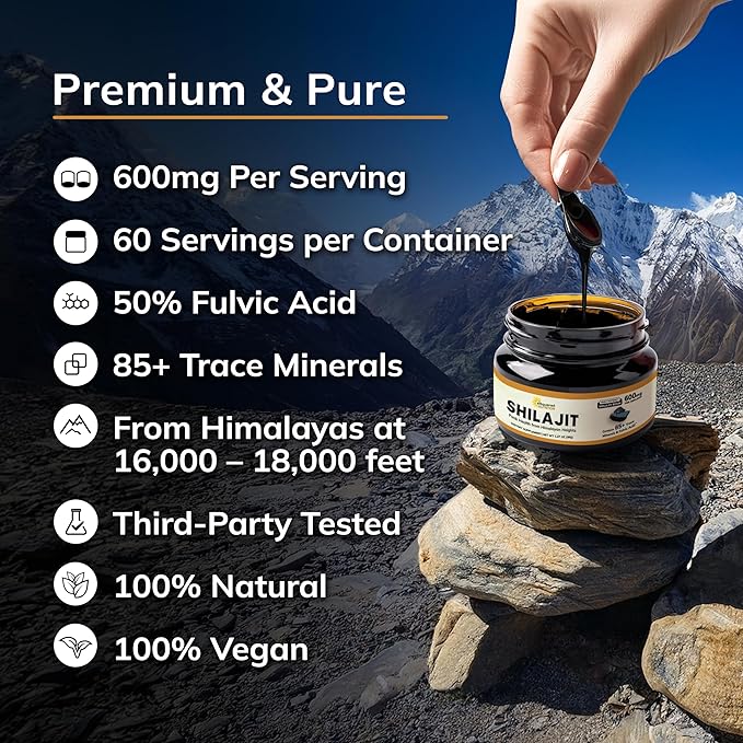 Pure Himalayan Shilajit Resin for Men &amp Women - 600mg - Natural Extract Supplement with 85+ Trace Minerals &amp Fulvic Acid - Alternative to Capsules Gummies Tablets &amp Drops