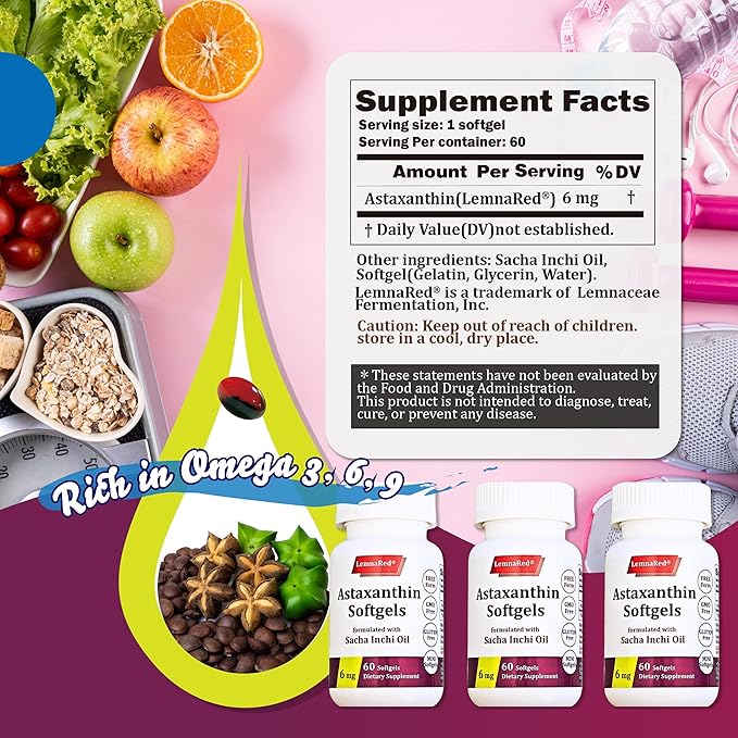 Free-Form Astaxanthin 6mg Softgel-60 Softgels Dietary Supplement Strongest Antioxidant Immune Supports Supports EyeJoint &amp Skin Health Formulated with Sacha Inchi Oil
