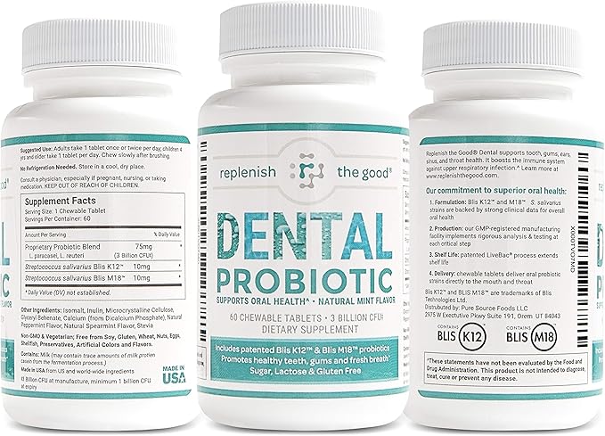 Dental Oral Probiotic 60 Chewable Tablets - Supplements w/BLIS K12 &amp M18 - Bad Breath Treatment for Adults - Boosts Oral Health - Fights Halitosis Tooth Decay Strep Throat (Mint Flavor)