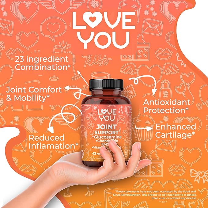 Love You Joint Support Supplement for Relief - Glucosamine Chondroitin MSM &amp Turmeric - Supports Mobility &amp Flexibility (Bones Back Knees Hands) 90 Tablets 45-Day Supply - Made in USA