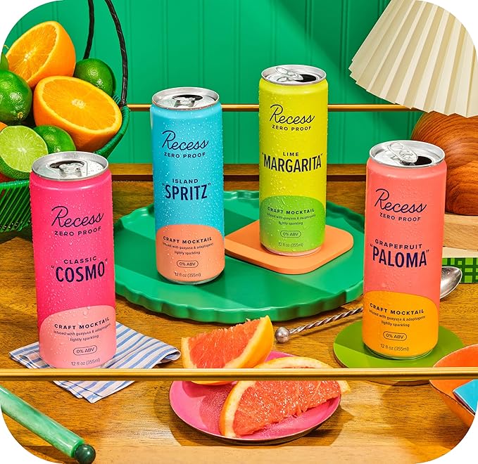 Recess Zero Proof Craft Mocktails Alcohol Free Drinks With Adaptogens Non-Alcoholic Beverage Replacement Mixer Celebration Party (Happy Hour Sampler 12oz Pack of 12)