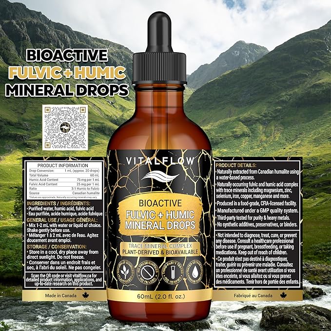 Fulvic + Humic Trace Mineral Drops 3:1 Humic-Fulvic Blend | Water-Extracted from Canadian Humalite | 60 mL Amber Dropper | Third-Party Tested No Preservatives/Fillers | GMP &amp ISO Verified