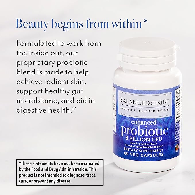 Enhanced Probiotic – 8 Billion CFU | Daily Gut &amp Skin Support Supplement – 3 Targeted Strains for Digestive Balance &amp Skin Health | 60 Vegetarian Capsules | Non-GMO*