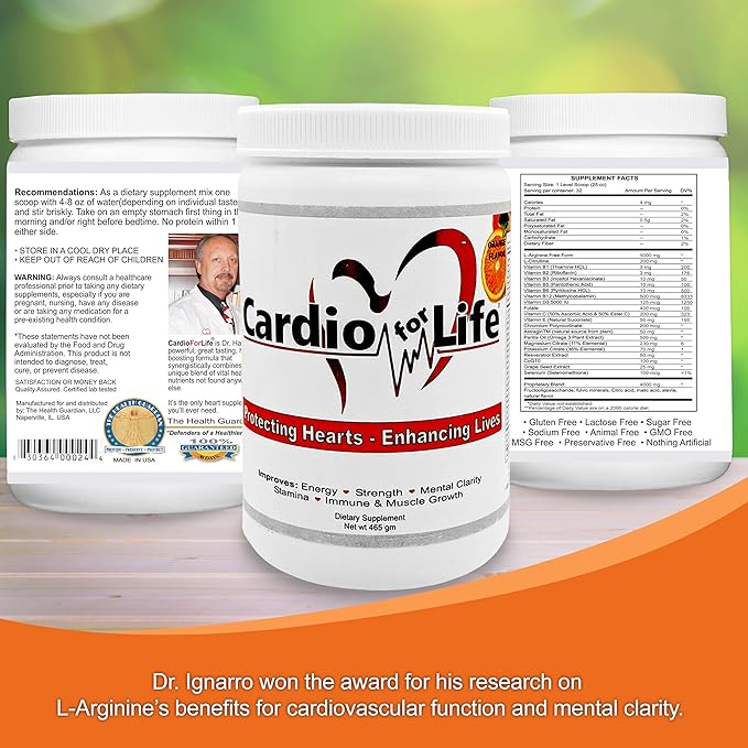 Health Guardian Cardio for Life L-Arginine Powder 16oz - Natural Nitric Oxide Supplement Cardiovascular Increase Energy - Orange