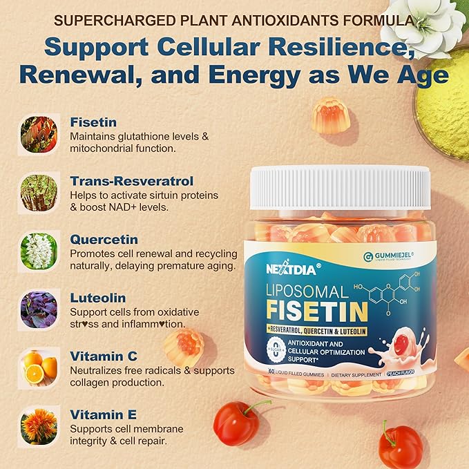 Liposomal Fisetin 200mg &amp Resveratrol Complex 500mg Liquid Gummies - Longevity &amp Cell Renewal Support - 98% High Purity FisetinTrans-Resveratrol Quercetin Luteolin with Vitamins C &amp E 1-