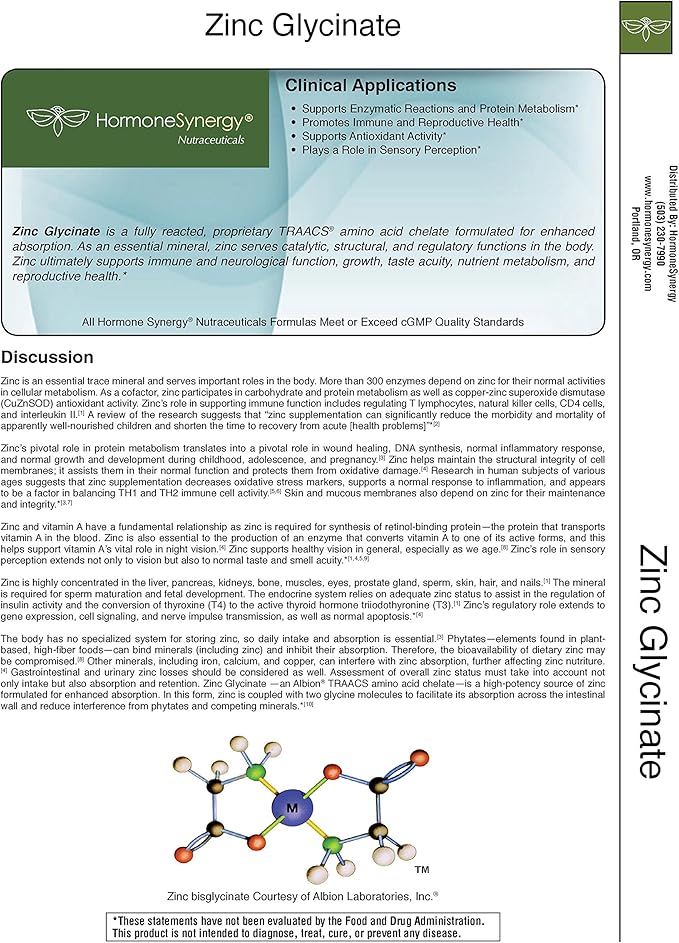 HormoneSynergy Zinc Glycinate 20mg Supplement - 120 Vegetarian Capsules with TRAACS® Formula for Optimal Health Support - Zinc Bisglycinate for Immune Function Skin Health &amp Metabolism