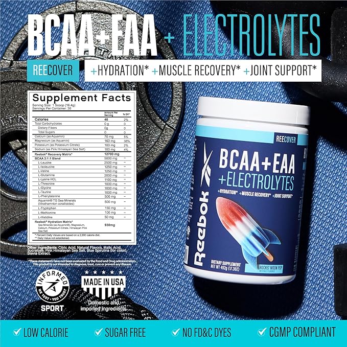 Reebok REEcover Amino Acids + Electrolytes Bundle | 8g EAAs 5g BCAAs Hydration Matrix | Post-Workout Support | 30 Servings | Rocket Moon Pop + Strawberry Lemonade