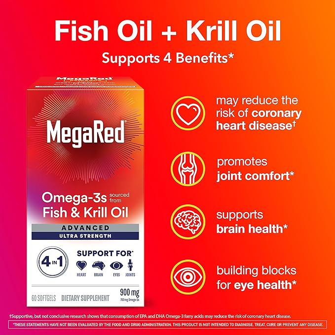 Megared Omega-3 Fish &amp Krill Oil Supplement 900mg - MegaRed Advanced 4in1 60 softgels 2x More Omega-3 Heart Joint Brain and Eye Supplement Red 60 Count