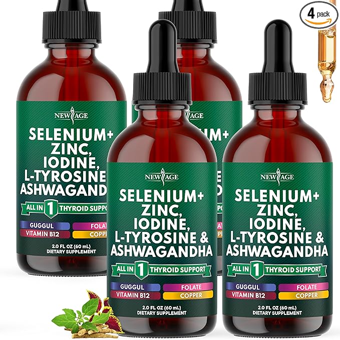 Thyroid Support Drops - Selenium Zinc Iodine L Tyrosine Ashwagandha Turmeric Schisandra Guggu Cayenne Basil - Liquid Supplement Folate Copper Alcohol -Free Vegan Non-GMO – 8 oz
