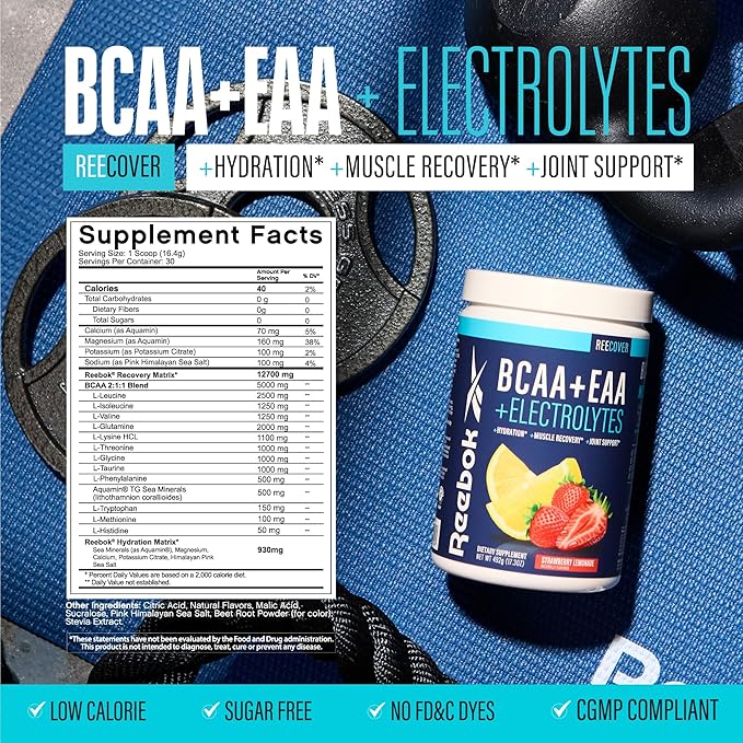 Reebok REEcover Amino Acids + Electrolytes Bundle | 8g EAAs 5g BCAAs Hydration Matrix | Post-Workout Support | 30 Servings | Rocket Moon Pop + Strawberry Lemonade