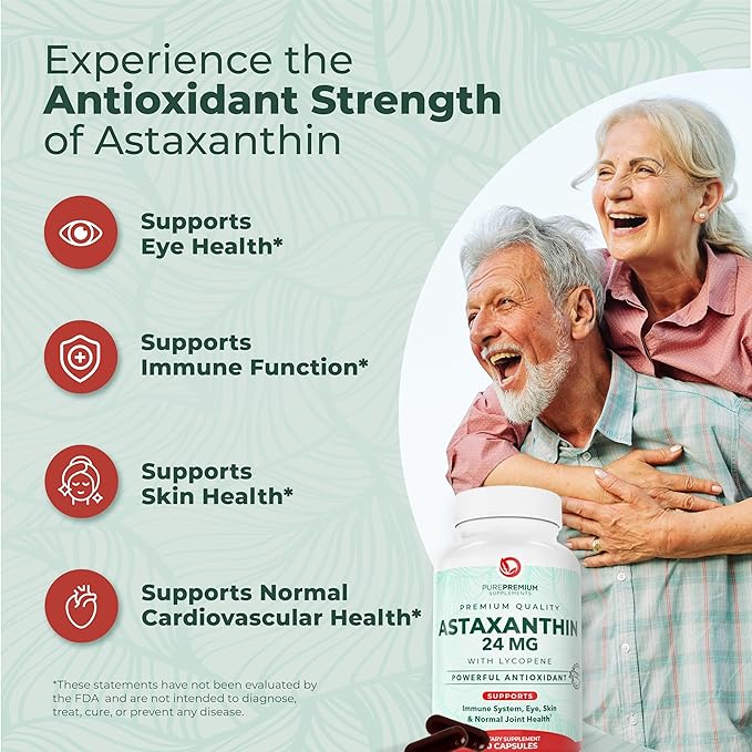 PurePremium Astaxanthin Supplements - Astaxanthin 24mg with Lycopene 50mg Antioxidants Supplement for Skin &amp Eye Health &amp Immune System Support – Non-GMO - 60 Count 2 Month Supply