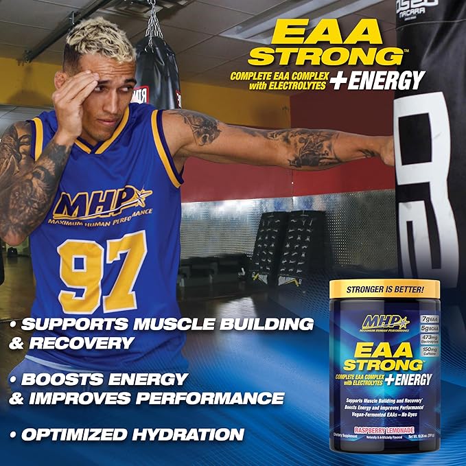 Maximum Human Performance EAA Strong + Energy EAA Supplement All 9 EAAs BCAAs Electrolytes Coconut Water Pre-Workout Enhances Muscle Building Performance Caffeine Raspberry Lemonade 30 Serve