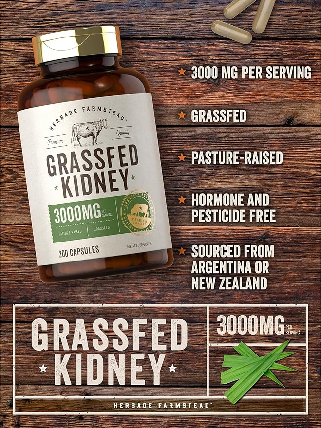 Carlyle Grass Fed Beef Kidney Supplement | 200 Capsules | 3000mg | Pasture Raised Desiccated Bovine Supplement | Hormone and Pesticide Free | Non-GMO Gluten Free | by Herbage Farmstead