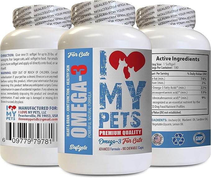 I LOVE MY PETS LLC Omega 3 cat Supplement - Omega 3 Fatty ACIDS for Cats - Best Health Option - Premium - cat Omega 3 Food - 180 Softgels (1 Bottle)
