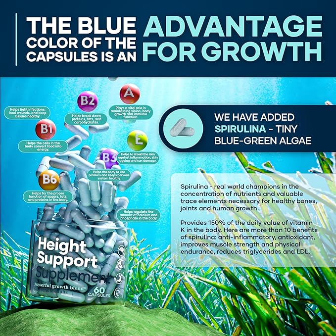 Height &amp Bone Support Supplement - Premium Height Growth Supplement for Kids &amp Teens with Calcium - Nutritional Support Bone Health Formula - Height Increase Essential Vitamins - 60 Caps