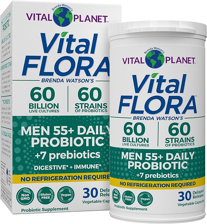 Vital Planet - Vital Flora Men Over 55 Daily Probiotic 60 Billion CFU Diverse Strains Organic Prebiotics Immune Support Digestive Health Shelf Stable Probiotics for Men 30 Capsules