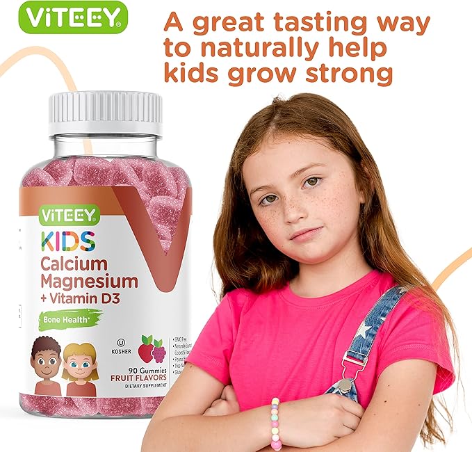 Viteey Kids Calcium Gummies + Vitamin D3 &amp Magnesium Citrate for Kids and Teens - Supports Bone Health Immune Support Energy &amp Muscle Function - Gluten FreeGMO Free - Tasty Chewable Fruit F