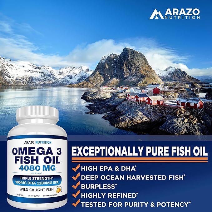 Arazo Nutrition Wild Caught Omega-3 Fish Oil Concentrate – 4080mg per Serving – High EPA 1200mg &amp DHA 900mg – 60 Burpless Lemon Softgels