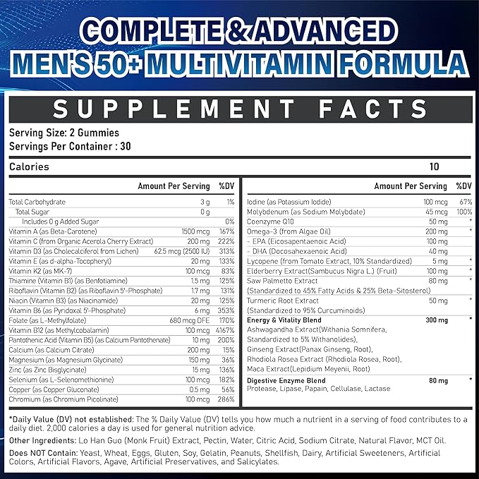 Sugar Free Multivitamin Gummies for Men 50 Plus - Methylated Multivitamin with Omega-3 CoQ10 Elderberry &amp Turmeric for Energy Immune Gut Health Support - Vegan Non-GMO Gluten-Free