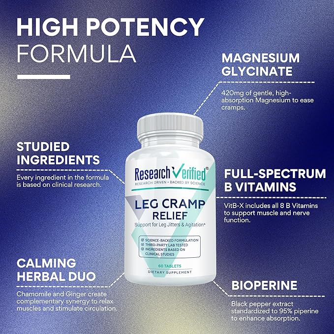 Research Verified Leg Cramps - Magnesium B Vitamins Ginger Chamomile BioPerine - Circulation Support - Vegan - 1 Month Supply