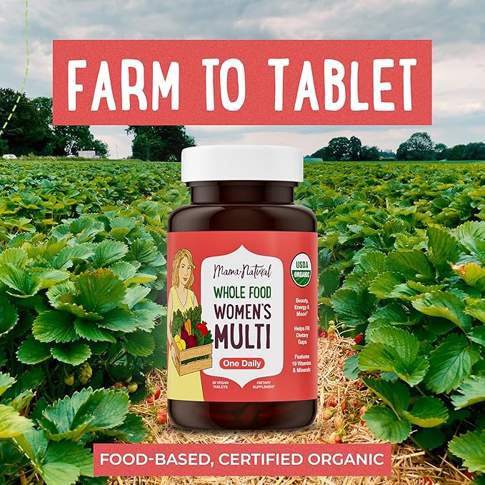 Mama Natural Organic Women's Multivitamin – Whole Food Based 1 A Day Vegan Tablet – USDA Organic Non-GMO Clean Label Multivitamin for Women – 30 Day Supply with Iron &amp Methylated B12