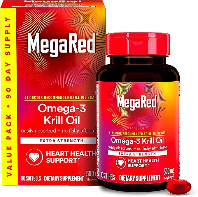 MegaRed Antarctic Krill Oil 500mg Omega 3 Fatty Acid Supplement Extra Strength EPA &amp DHA Krill Oil Softgels (90cnt Box) Astaxanthin Heart Health Supplement with No Fish Oil Aftertaste