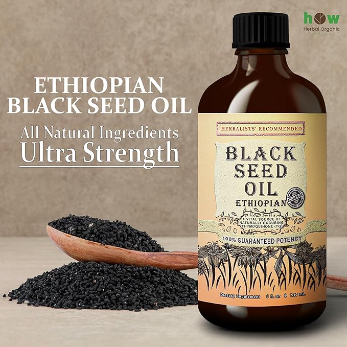 Ethiopian Black Seed Oil 8oz – Cold Pressed Nigella Sativa | High Thymoquinone 3.45% Black Cumin Seed Oil | 100% Pure Unrefined Liquid | Immune Skin Hair &amp Digestive Support | Glass Bottle