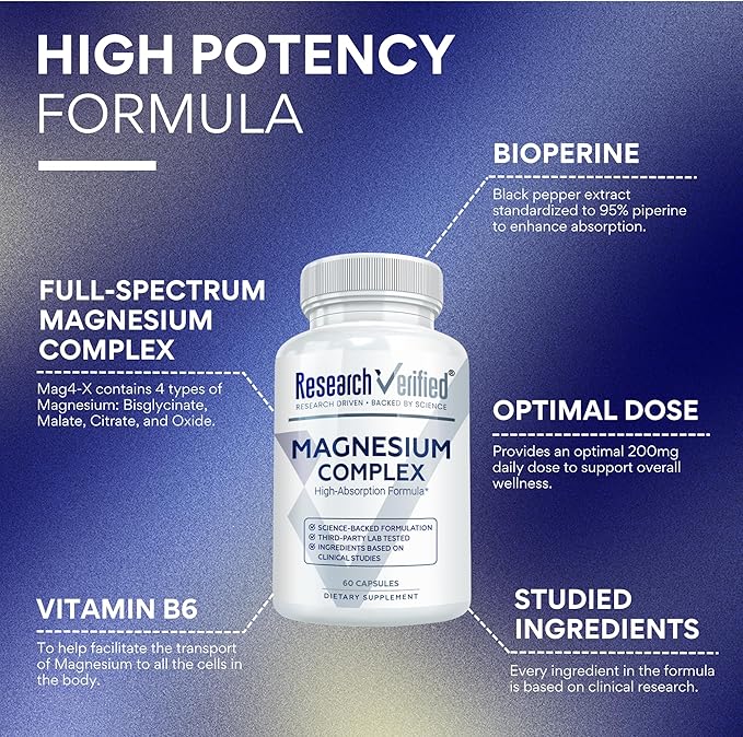 Research Verified Magnesium Complex - Brain Muscle and Nerve Support - Magnesium Bisglycinate Malate Citrate and Oxide - Bioperine - Vegan - 60 Capsules - Pack of 6
