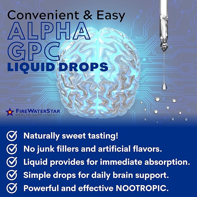 FWS Alpha GPC 300 mg Liquid Alpha GPC Choline Organic Non-GMO Fast Acting Nootropic Brain Supplement for Memory and Focus Supports Healthy Brain Function for Mental Clarity