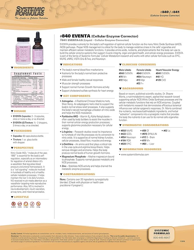 Systemic Formulas EVENTA - Support Cholesterol-sulfate Synthesis for Heart Energy 60 Capsules Bio Cell #840. Cellular Enzyme Corrector. 60 Count (Pack of 1)