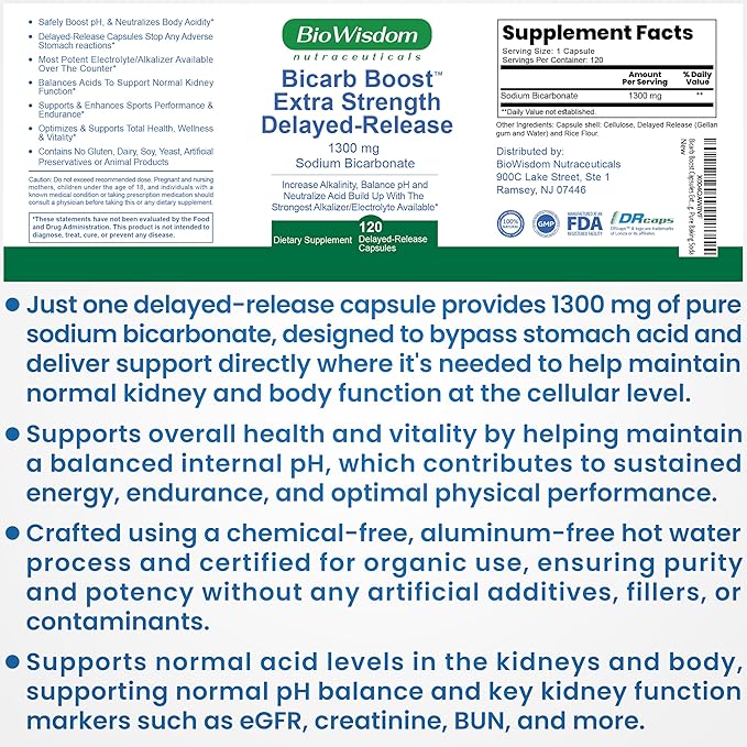 Bicarb Boost Sodium Bicarbonate Capsules Extra Strength 1300mg Organic Use Delayed-Release Sodium Bicarbonate Tablet Kidney Alkalinity Health Pure Baking Soda Tablet 120 Sodium Pills