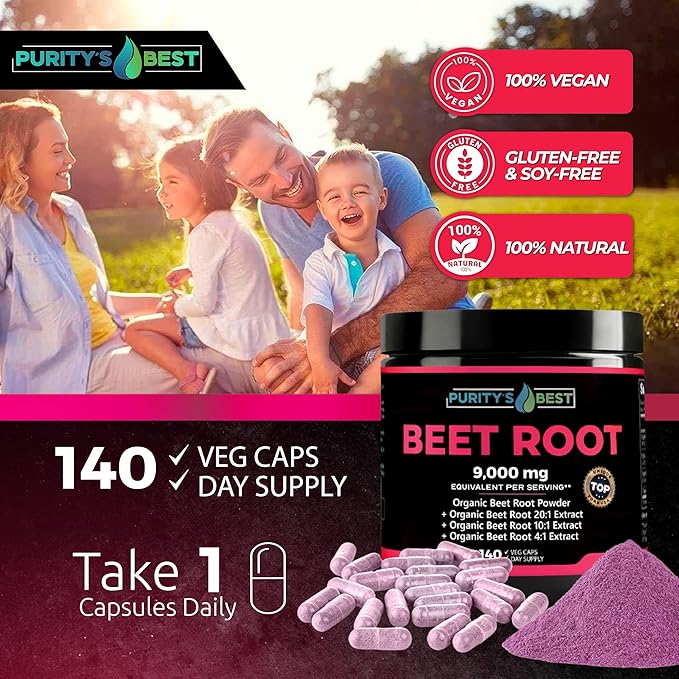 Purity's Best Beet Root Capsules 140 Veggie Pills Supports Blood Circulation - Helps Nitric Oxide Production Beet Root Extract Pure Non-GMO