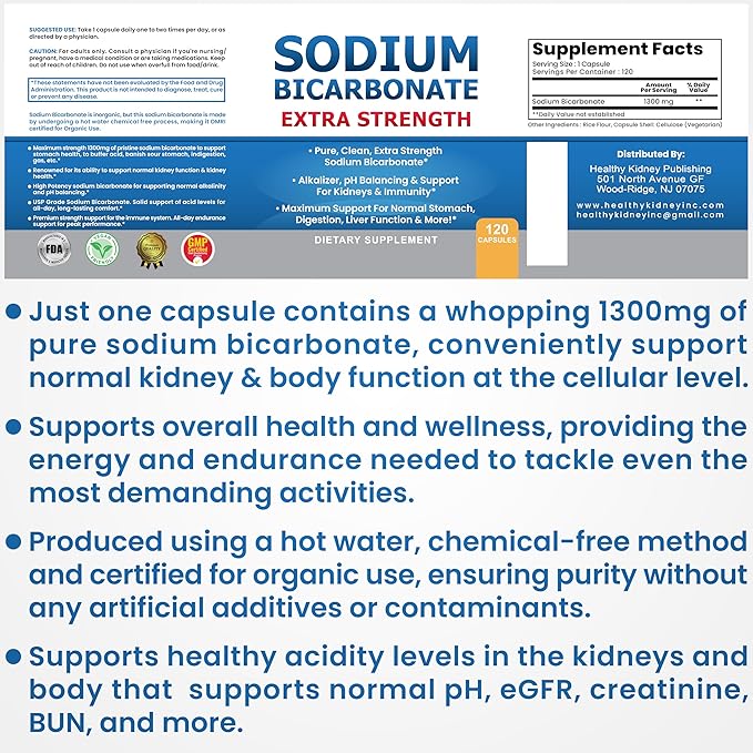 Sodium Bicarbonate Capsules Extra Strength 1300mg Organic Use No Junk. 1 Sodium Bicarbonate Capsule is 1300mg. Pure Sodium Bicarb Tablet