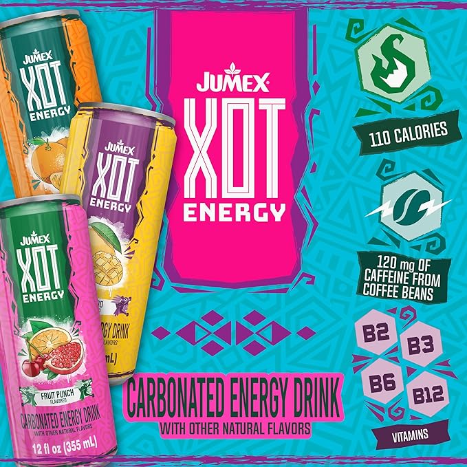 Jumex XOT Energy Drink - Fruit Punch - Natural Caffeine from Mexican Coffee Beans - Carbonated Preworkout with Vitamin B2 B3 B5 B12 - Mexican Drinks - Bebidas Energéticas - 12 Fl oz 12 Pack Cans
