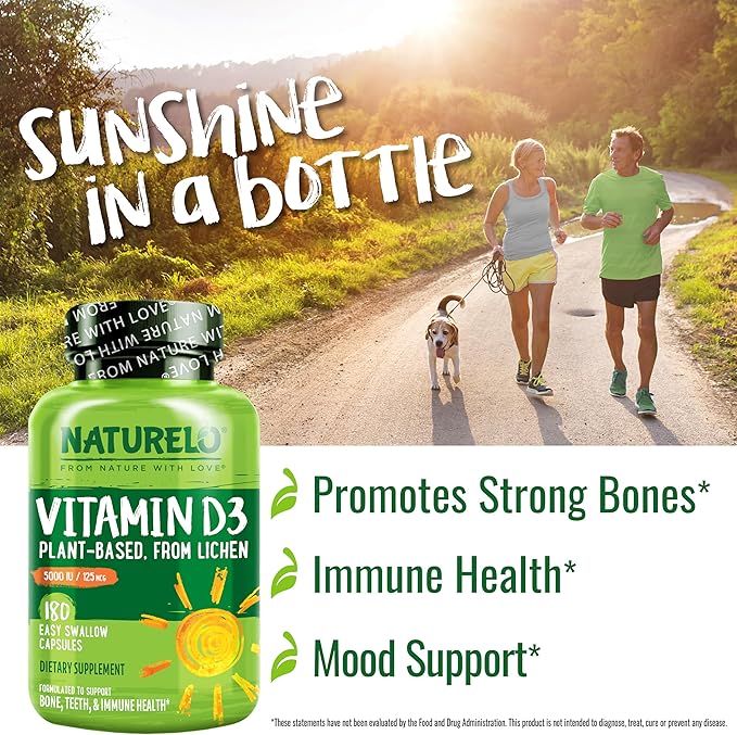 NATURELO Vitamin D - 5000 IU - Plant Based from Lichen - Natural D3 Supplement for Immune System Bone Support Joint Health - High Potency - Vegan - Non-GMO - Gluten Free - 180 Capsules