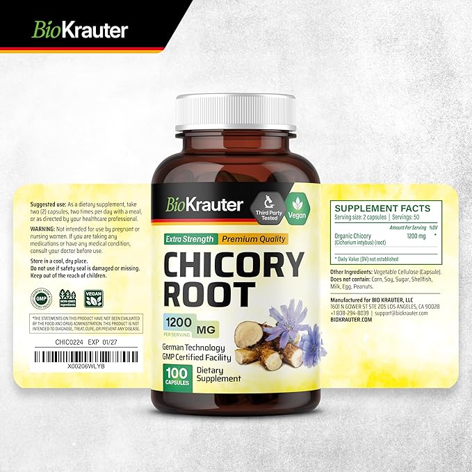 BIO KRAUTER® Chicory Root for Gut &amp Digestive Support - Pure Vegan Prebiotics &amp Fiber Supplement in Capsules 1200 mg per Serving 100 Count - No Fillers Non-GMO - 25 Days of Supply