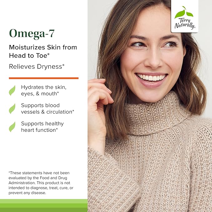Terry Naturally Omega-7 - Dietary Supplement with Essential Fatty Acids - Nutritional Supplement to Support Skin Health with Sea Buckthorn Berry Pulp &amp Seed Oil - 60 Softgels (Pack of 2)