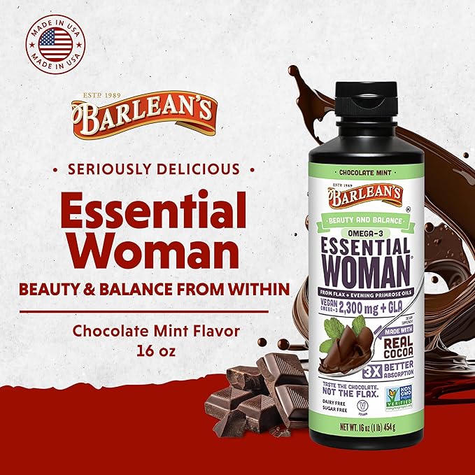 Barlean's Essential Woman Chocolate Mint Liquid Supplement from Flaxseed Evening Primrose Oil &amp Soy Isoflavones Omega 3 6 9 and GLA Hormonal Balance &amp Healthy Hair and Skin 16 oz